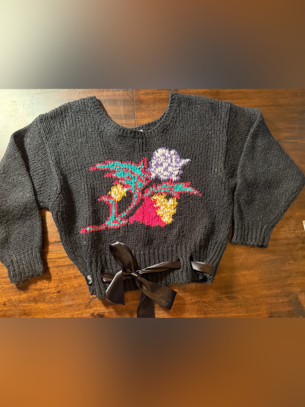 Vtg Avon Fashions Black Floral Knit Ribbon-Hem Sweater